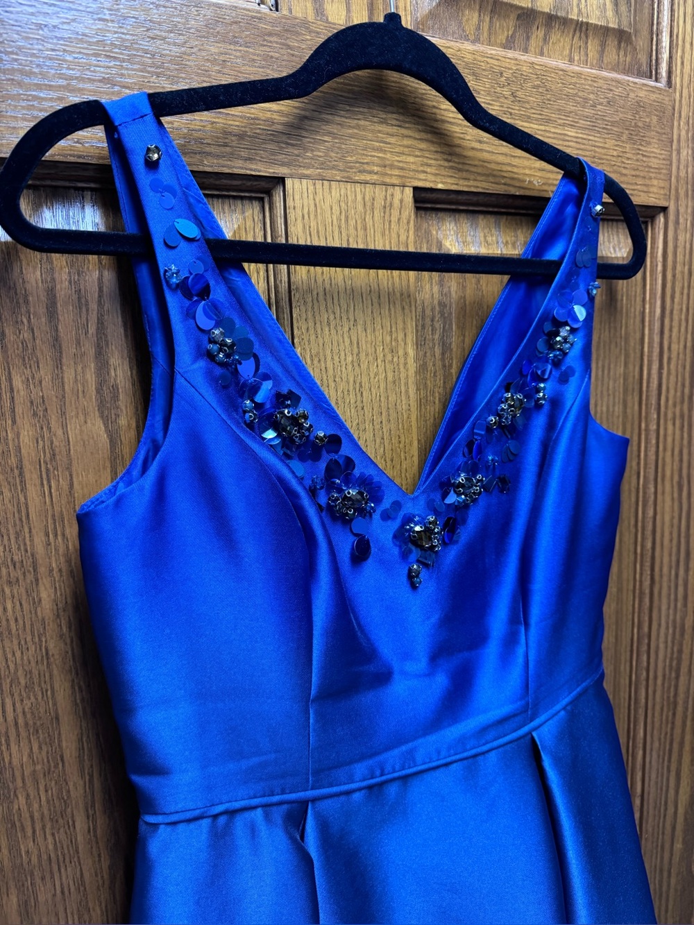 Adrianna Papell Royal Blue V-Neck Sequin A-Line Lined Dress